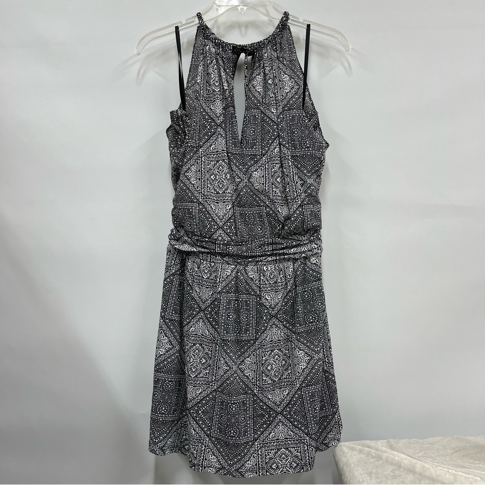 WHBM medium sheer overlay halter mini dress Moroccan print
